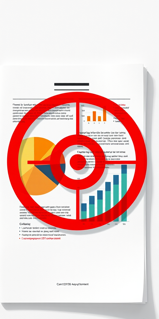 Create a high-resolution digital illustration of a document featuring a pie chart and bar graph with a red target icon overlay, using a Canon EOS 5D Mark IV, 50mm lens, f/2.8 aperture, ISO 100, in a bright studio lighting setup, top-down view for clarity and focus on the details.