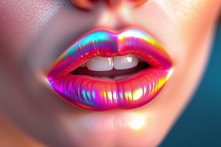 Iridescent holographic lip gloss named "Unicorn Dreams" that shifts colors in different lighting, creating a mesmerizing rainbow effect on the lips