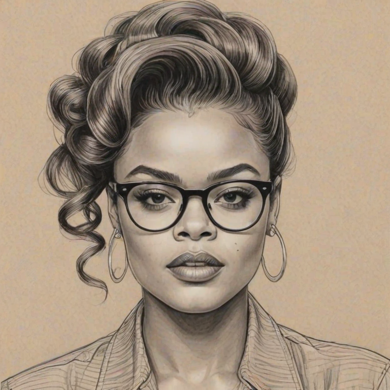 Fetching Andra Day, pencil sketch, portrait of Comely woman 1969s in glasses, hair style beatnik, outline, clear lines, fine lines, 8k