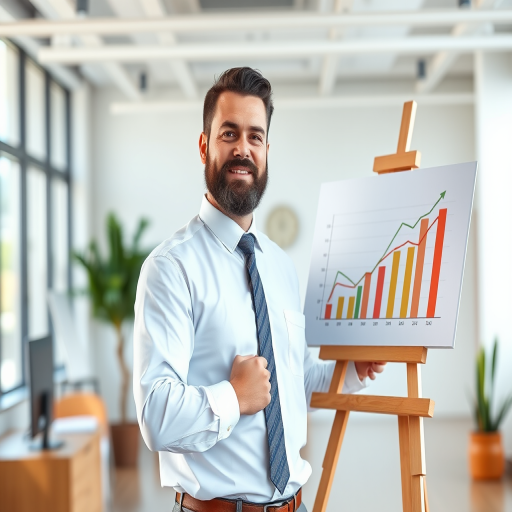 generate a vector illustration of a confident businessman with a beard in a white shirt and tie presenting growth charts on an easel in a bright modern office, use 4K resolution, 50mm lens, f/2.8 aperture, and brightness contrast enhancement