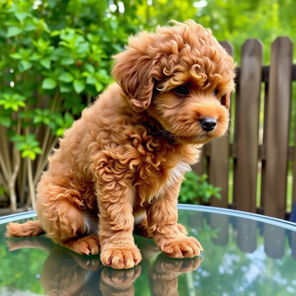 Generate an image of a fluffy brown puppy with curly fur sitting on a glass table outdoors surrounded by greenery and a wooden fence in the background. The puppy has a cute expression and is looking slightly to the side.