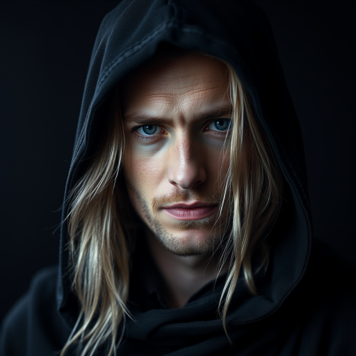 portrait of a male with long light hair wearing a dark hooded cloak, soft dramatic lighting, intricate details on the fabric, shallow depth of field, studio lighting, Canon EOS R5, 50mm f/1.2 lens, ISO 100, aperture f/1.2, 1/200 sec exposure time