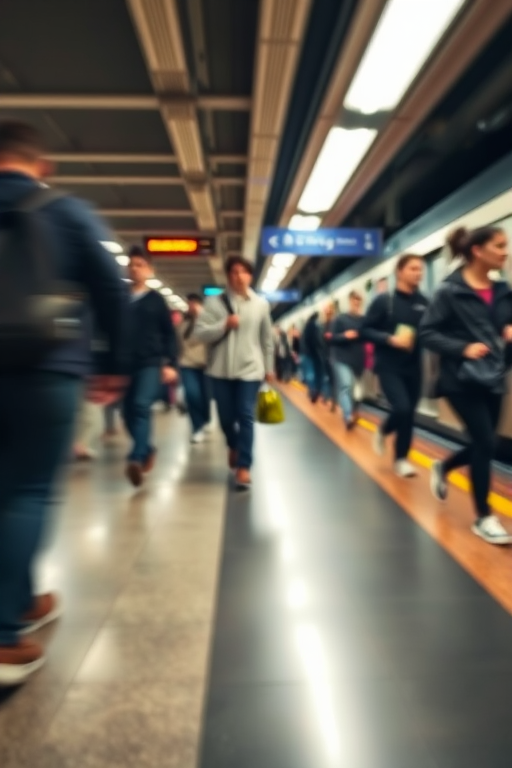 Blurry candid shot of a busy subway platform at rush hour, commuters rushing past, with soft fluorescent lights overhead and a faint reflection of the scene on the glossy floor tiles.