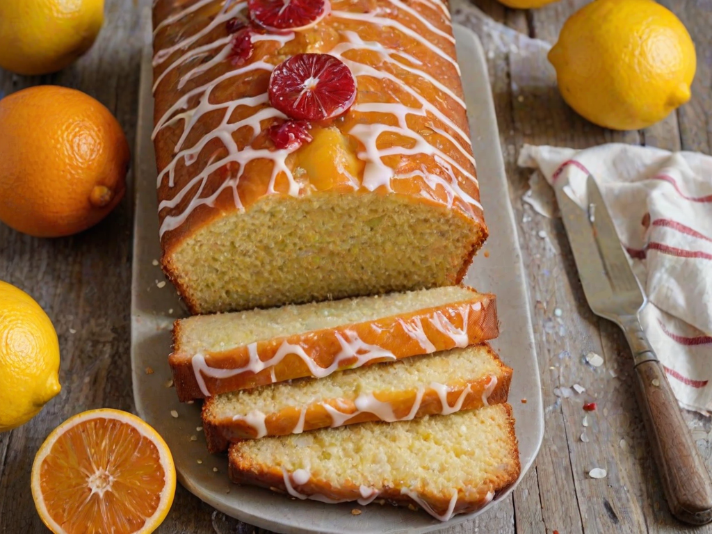 Generate an image of a freshly baked lemon loaf cake drizzled with a glossy icing. The cake should be golden and moist, with a slice cut out to show its fluffy texture. Garnish the top with thinly sliced citrus fruits, like blood oranges, adding a vibrant pop of color. The background should be simple and rustic, enhancing the focus on the cake.