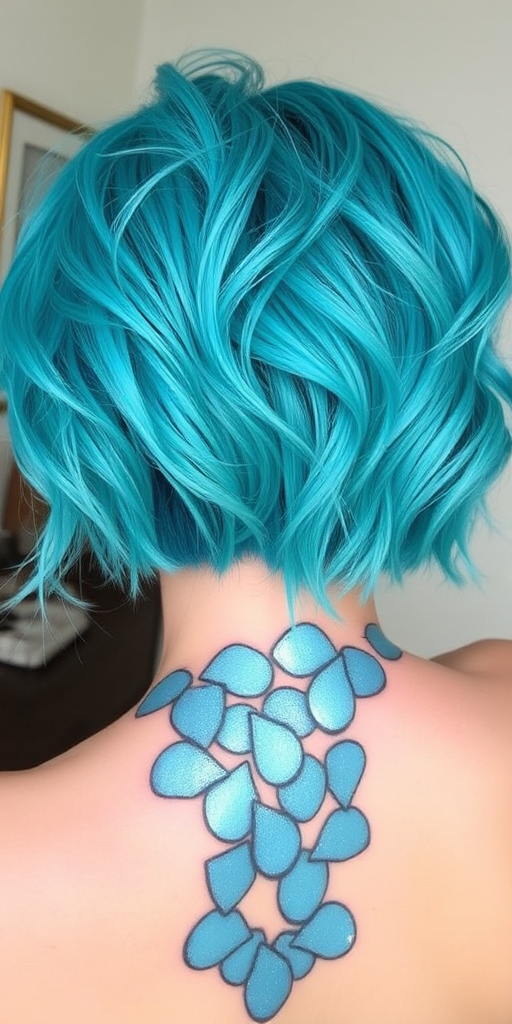 Playful turquoise bob cut called "Mermaid's Mischief" boasts choppy layers and beachy waves, accented with shimmering scales painted onto the undercut design