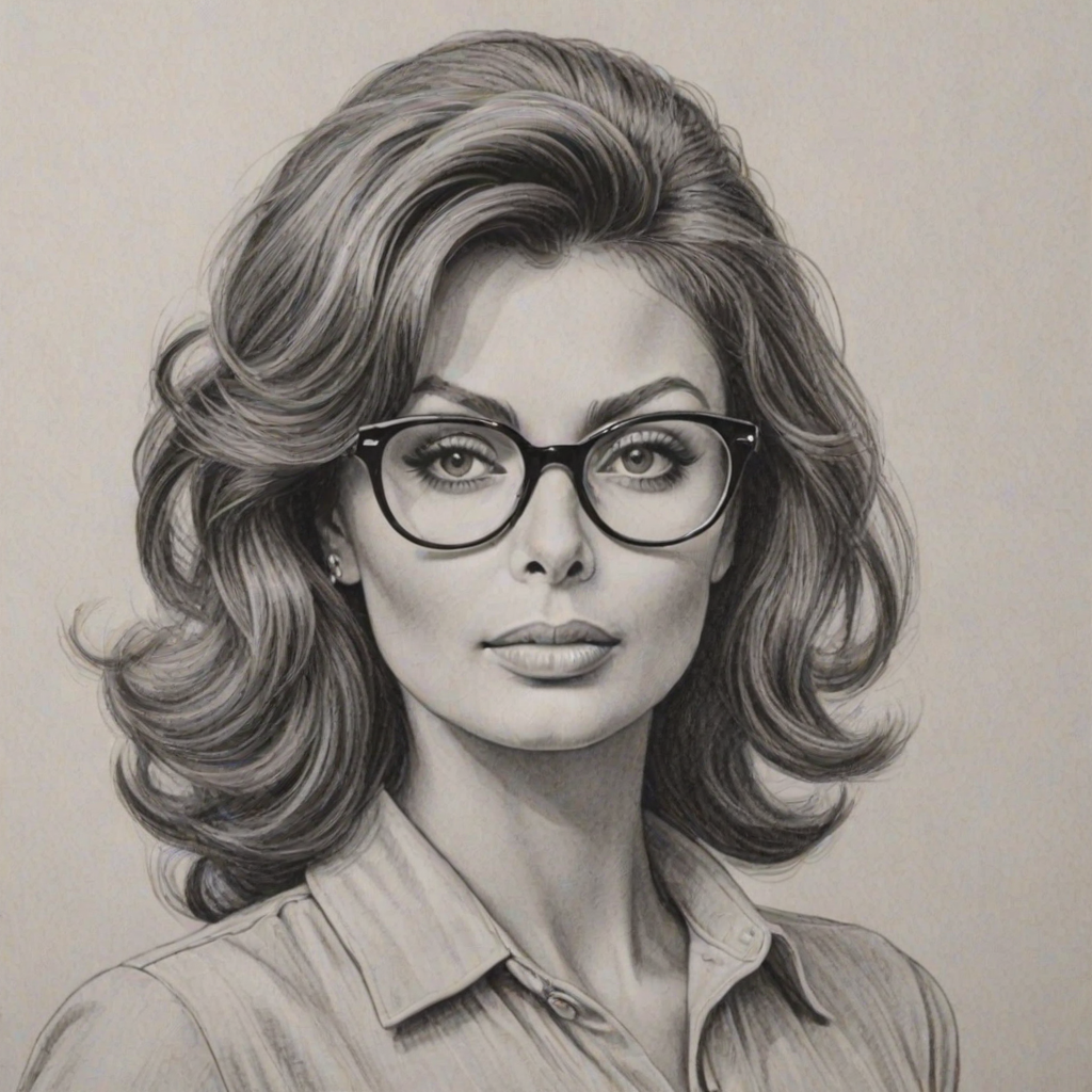 Beautiful Sophia Loren, pencil sketch, portrait of beautiful woman 60s in glasses, hair style beatnik, outline, clear lines, fine lines, 8k