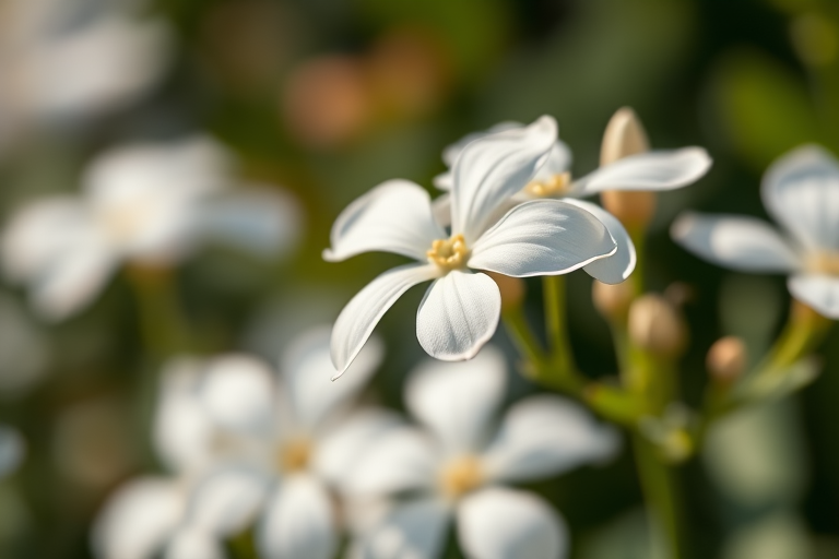 Capture a close-up shot of white flowers with soft bokeh background, using a DSLR camera set to f/2.8 aperture, ISO 100, and 1/200s shutter speed, in natural lighting to enhance the brightness and detail of the petals.