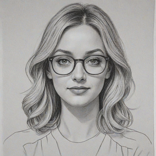 Graceful Abby Elliott, pencil sketch, portrait of Attractive woman 1976s in glasses, hair style beatnik, outline, clear lines, fine lines, 8k