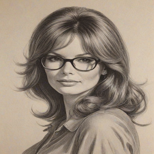Appealing Jaclyn Smith, pencil sketch, portrait of Captivating woman 1960s in glasses, hair style beatnik, outline, clear lines, fine lines, 8k