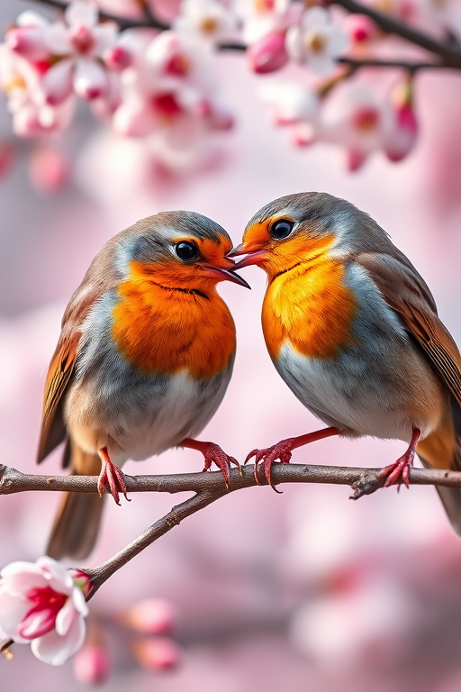 capture a close-up of two robins feeding each other on a branch with cherry blossoms in the background, shallow depth of field, aperture f/2.8, ISO 200, 1/100s, soft natural light, DSLR camera, 100mm macro lens, vibrant colors, high-resolution image