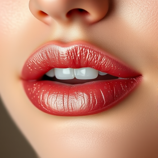 Elegant rose gold "Champagne Kiss" lip gloss illuminates softly curved lips with a lustrous sheen, infused with fine shimmer particles for a luxurious, multidimensional effect