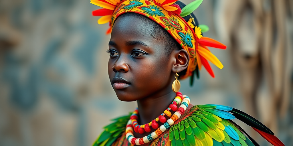 A beautiful Garifuna girl, wearing colorful bird clothing with vibrant colors