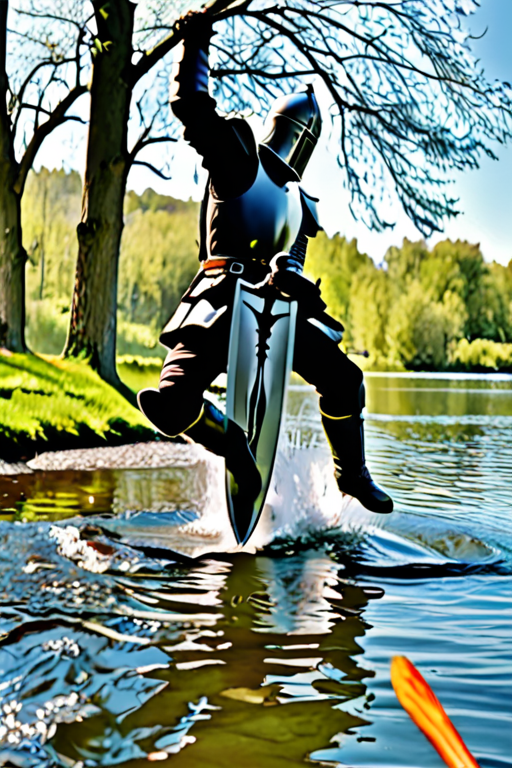 Knight Playing Pool a knight jumping into a lake with a sword
