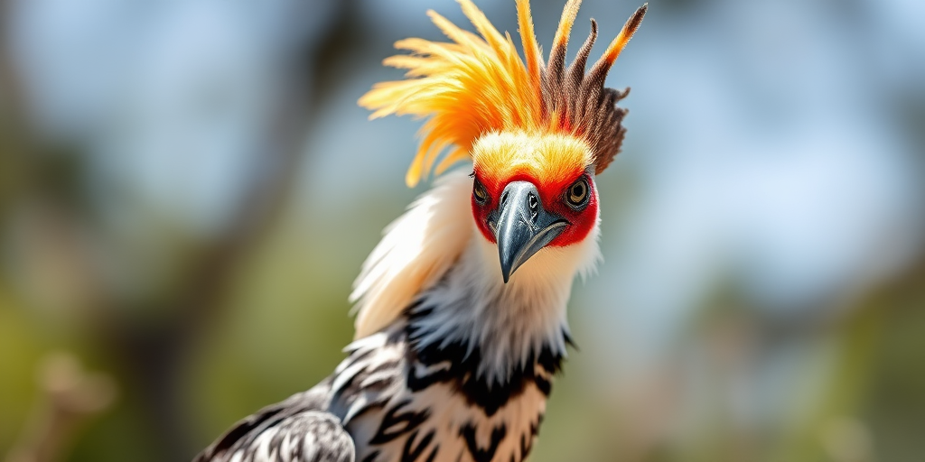 Create a highly detailed image of a secretary bird with vibrant colors and sharp focus, using a DSLR camera, 50mm lens, f/1.8 aperture, ISO 100, and a shallow depth of field for a blurred background, shot at eye level on a sunny day in natural light.
