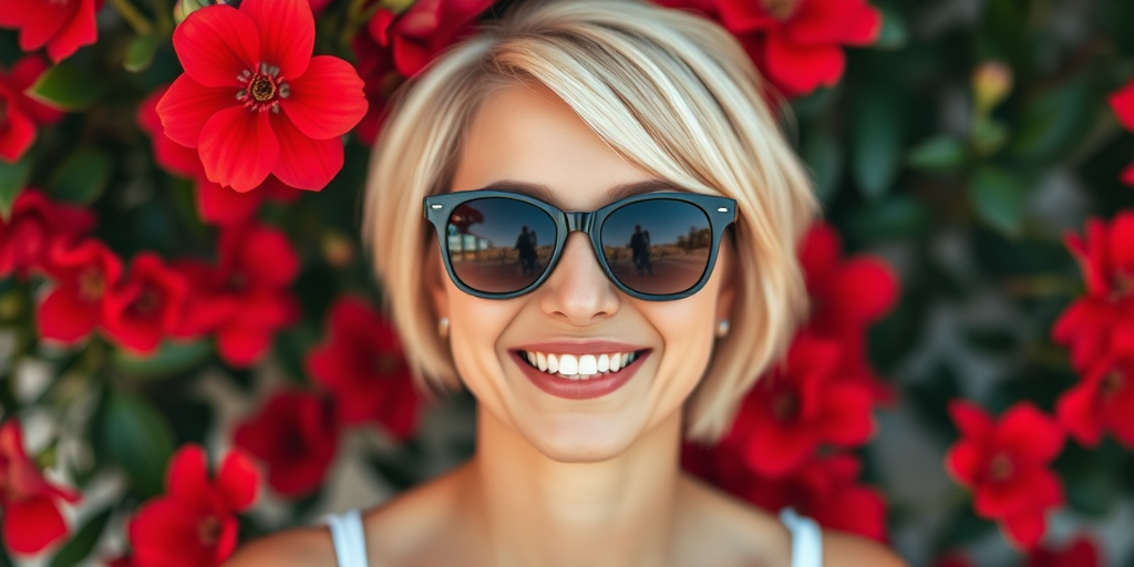 Portrait of a smiling woman with short blonde hair wearing sunglasses, surrounded by vibrant red flowers, soft focus background, natural light, focal length 50mm, aperture f/1.8, ISO 100, shot with a DSLR camera in a controlled studio environment.