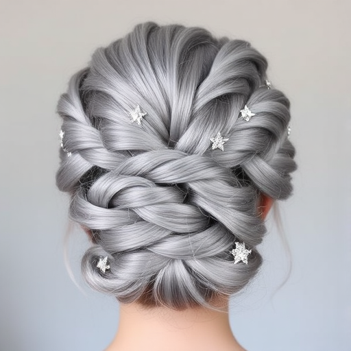 Silvery gray hair artfully arranged in an intricate updo featuring twisting braids and shimmering, star-shaped accessories, capturing the essence of the "Celestial Crown" style