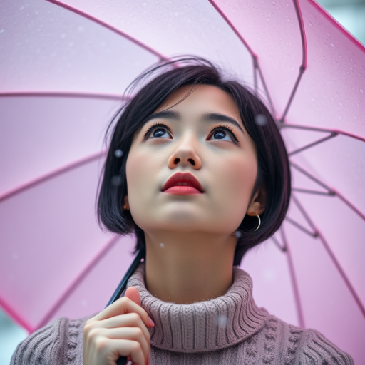 Create a high-resolution portrait of a young woman with short black hair gazing upward, holding a pink umbrella, surrounded by snowflakes, using a Canon EOS R5, 50mm f/1.2 lens, aperture at f/2.8, ISO 100, in soft diffused lighting for a dreamlike quality.