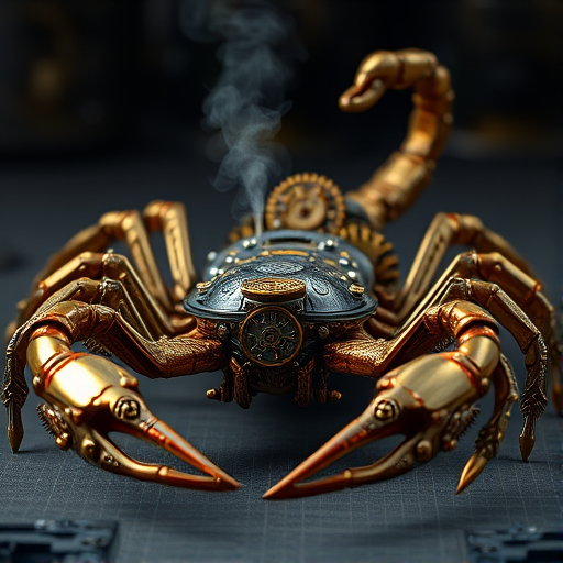 Create a high-intensity, high-resolution image of a steampunk scorpion, featuring intricate clockwork mechanisms and brass gears. The scorpion should have metallic limbs with elaborate jointed segments, showcasing a blend of Victorian-era aesthetics and futuristic technology. The body should be adorned with cogwheels, pistons, and small steam vents emitting a subtle mist, the front pinchers should up up and open. Capture the scene with dramatic lighting to emphasize the mechanical details, giving it a sense of motion and life