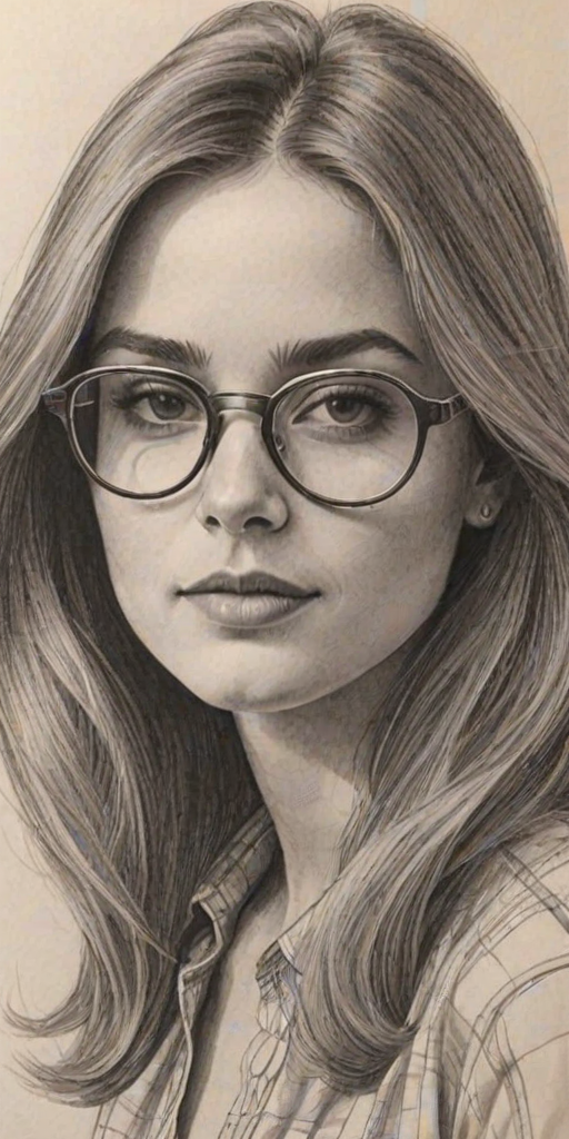 Sublime Zoe Deutch, pencil sketch, portrait of Enchanting woman 1970s in glasses, hair style beatnik, outline, clear lines, fine lines, 8k