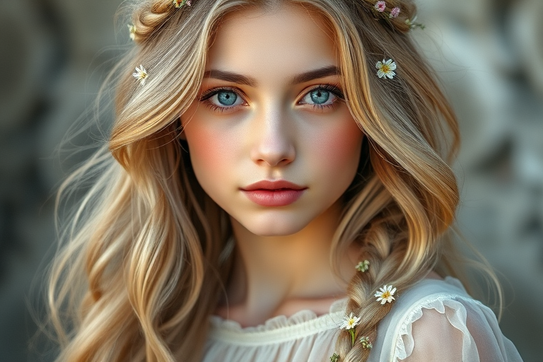 Create an image of a young Armenian woman with long, wavy blonde hair, adorned with small, colorful flowers woven into her braids and loose strands. Her complexion is fair, with soft, glowing skin, and she has light blue eyes that gaze softly at the viewer. She wears a light, flowing dress with a gentle, ethereal quality, complementing her delicate and serene appearance. The background is slightly blurred, drawing focus to her tranquil expression and the intricate details of the flowers in her hair. The overall mood of the image is one of natural beauty and grace, evoking a sense of peacefulness and connection with nature.