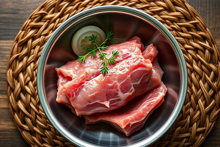 Food photography of raw meat in a silver bowl on a woven mat with green garnish and onion slices, DSLR camera, 50mm lens, aperture f/2.8, ISO 100, soft natural lighting, top-down view.