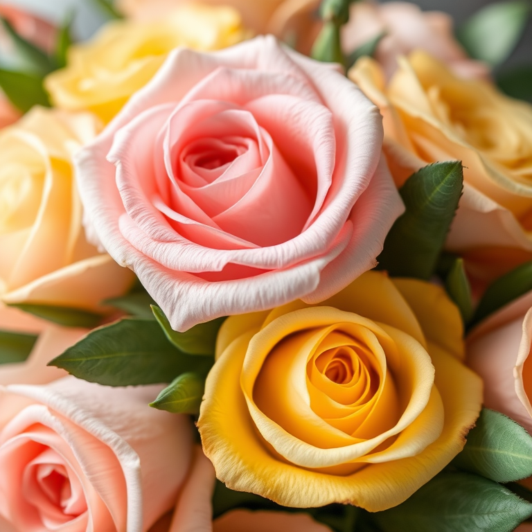 floral arrangement with soft pink and yellow roses and green leaves, macro shot, aperture f/2.8, shutter speed 1/125s, ISO 100, DSLR camera, natural light, shallow depth of field