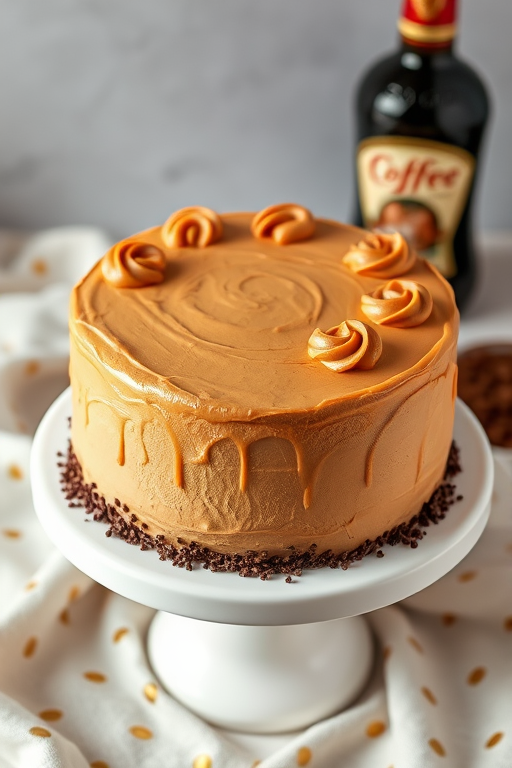 A beautifully decorated round cake on a white pedestal with a smooth caramel-colored frosting decorated with swirls on top and chocolate sprinkles around the base with a bottle of coffee liqueur in the background and a light fabric with gold polka dots beneath it.