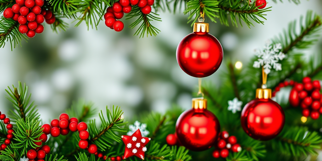 Create a festive holiday scene featuring a lush green pine tree border with vibrant red ornaments and white snowflakes, captured with a DSLR camera, using a focal length of 50mm, aperture set at f/2.8 for a shallow depth of field, and a soft bokeh effect in the background, ensuring bright and vivid colors.