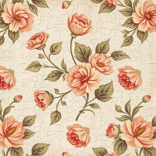 A vintage floral wallpaper pattern with cracked and distressed textures, soft natural lighting, captured with a DSLR camera at f/5.6 aperture, ISO 100, 50mm lens, overhead view, in soft focus to enhance the aged quality.