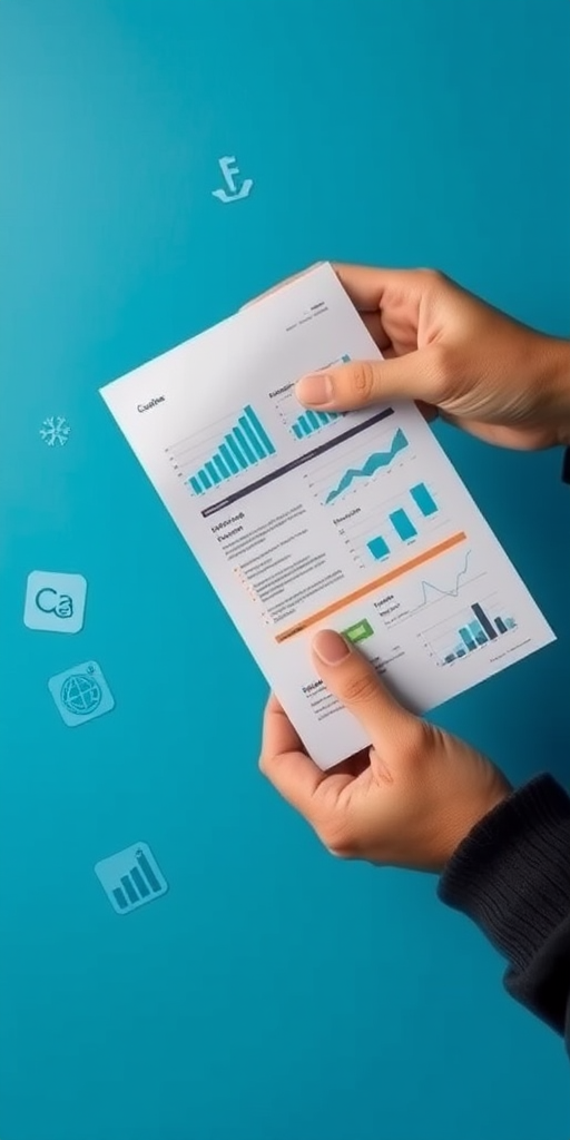Create an image of a hand holding a document with various blue graphs and icons on a vibrant blue background, shot with a Canon EOS R5, 50mm lens, aperture f/2.8, ISO 100, and a top-down angle for clarity and detail.