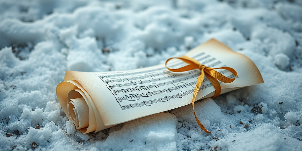 photograph a rolled parchment with sheet music tied with a gold ribbon resting on snow-covered ground with softly falling snowflakes, use a Canon EOS 5D Mark IV with a 50mm lens, aperture f/2.8, ISO 100, shutter speed 1/125s, outdoor soft focus view for a cozy winter ambiance