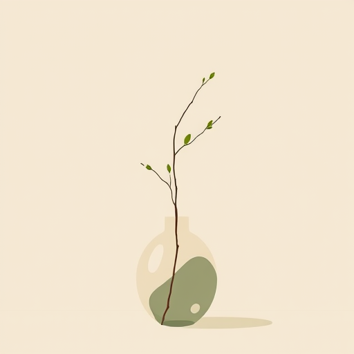 Regenerate a minimalist illustration of a vase with a single branch, featuring organic line art and soft, abstract shapes in muted green and beige tones, captured with a Canon EOS R5, 50mm f/1.8 lens, f/2.8 aperture, ISO 100, natural lighting, soft focus view for an artistic effect.