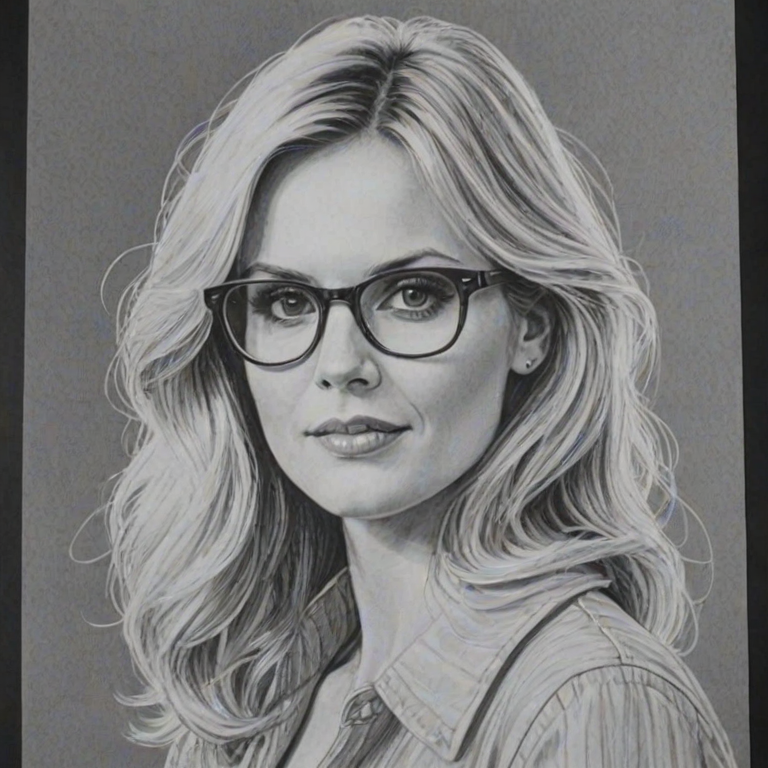 Enchanting Bonnie Somerville, pencil sketch, portrait of Bewitching woman 1977s in glasses, hair style beatnik, outline, clear lines, fine lines, 8k