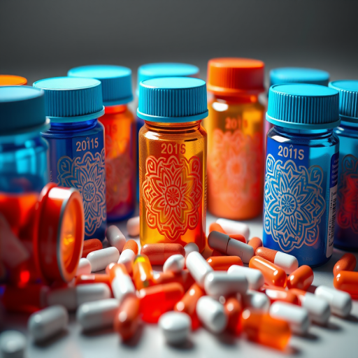 Create a high-resolution digital illustration of colorful pill bottles in a well-lit setting, featuring vibrant blue and orange containers with intricate designs, surrounded by assorted pills, using a Canon EOS 5D Mark IV, 50mm lens, aperture f/2.8, ISO 100, and a flat lay composition to capture the details and colors vividly.
