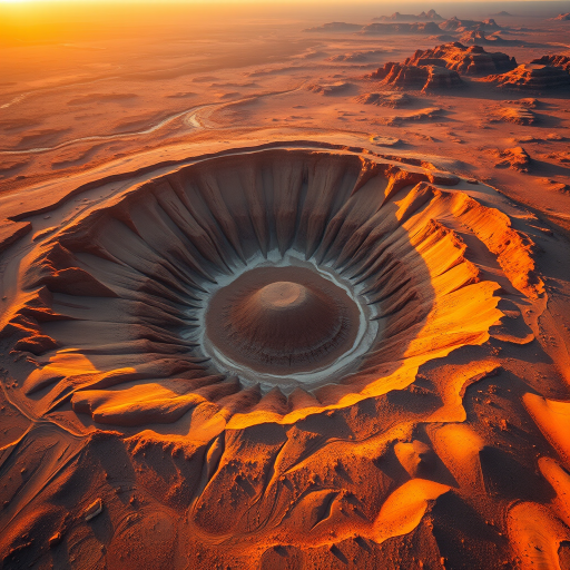 aerial view of a circular crater surrounded by desert landscape during golden hour, Canon EOS R5, 24mm f/1.4 lens, ISO 200, shutter speed 1/200s, drone photography, high-resolution, vivid colors