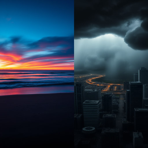 Regenerate a split-image showing a serene beach scene on one side with vibrant colors and clear skies, and a dark, stormy cityscape on the other side, with dramatic lighting and intense shadows; use a wide-angle lens at f/8, ISO 100, and a high dynamic range setting to enhance the contrast and detail in both environments.