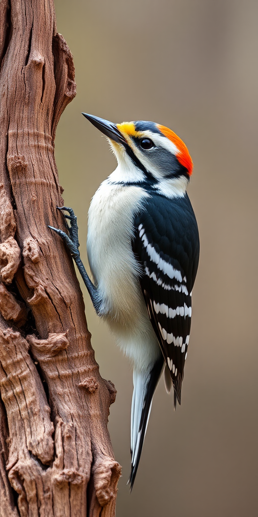 Capture a detailed close-up of a woodpecker perched on a rustic branch, using a Canon EOS 90D with an 85mm f/1.8 lens, aperture set to f/4, shutter speed at 1/500s, ISO 200, natural lighting, shallow depth of field for a blurred background effect.