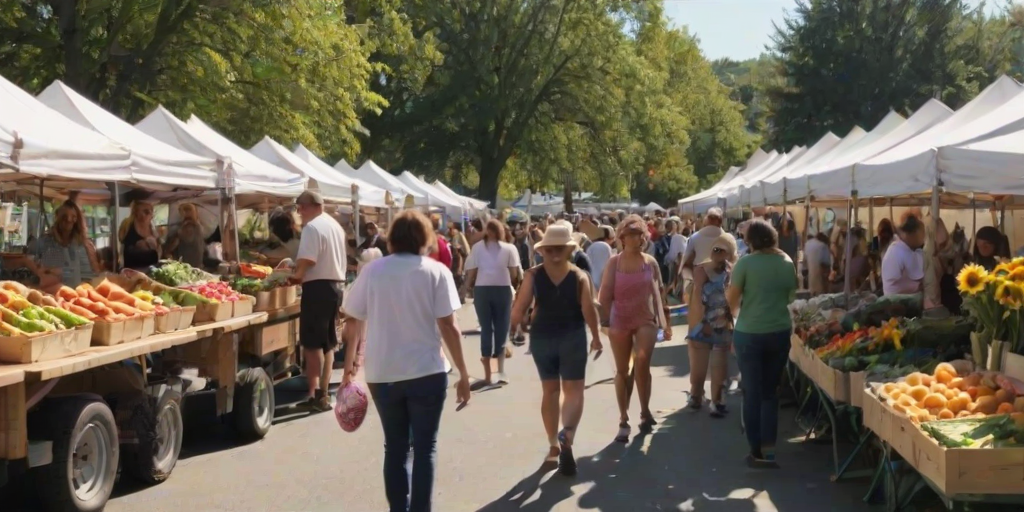 Bustling farmers market, with vendors selling fresh produce, flowers, and homemade goods, families interacting, and children enjoying activities, all set against a sunny backdrop.