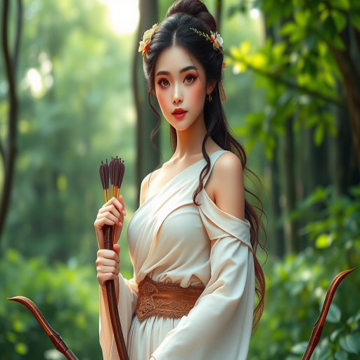 Create a portrait of a goddess-like Japanese girl figure in a tranquil, forested environment. She has an elegant appearance with long, wavy hair styled in an updo and adorned with a delicate, floral headband. She wears a flowing, ancient Greek-inspired gown in a soft, pale color, featuring a one-shoulder design and draped fabric that accentuates her graceful form. The outfit includes a decorative belt with ornate gold detailing, and she holds a bow in her hand, with a quiver of arrows slung over her shoulder. The background depicts lush greenery, with sunlight filtering through the trees, casting a gentle, ethereal light on the scene. Her expression is calm and contemplative, embodying a sense of wisdom and serenity.