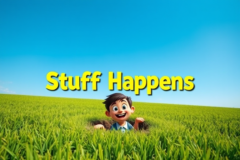 Create an image of a vibrant green field under a clear blue sky with a humorous text overlay saying "Stuff Happens" in playful font, featuring a cartoon-style character emerging comically from a hole in the ground, captured using a DSLR camera with a 24mm lens at f/8, ISO 200, and a wide-angle perspective for enhanced depth.