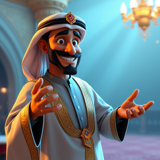 Create a 3D rendering of a wealthy Arab male sheikh from Dubai, inspired by the Disney animation style. The sheikh must have a smile and a playful but wise character. Place your character in an atmosphere of wealth and luxury. The image must be in high resolution format. Dynamic pose above the waist, gesturing with hands (Pixar Art style)++ highly detailed digital painting, art stations, concept art, soft focus, hard focus, illustrations. cinematic, visual effects, HDR, Unreal Engine 5, ray tracing, soft light, 8k, high detail, sparkling backlighting, luxury gem, game art, 3d, cartoon, colorful, magical, mysterious