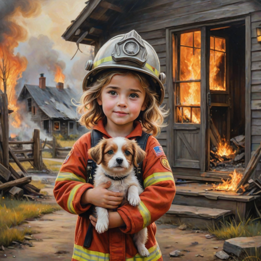 airbrushed oil painting, pixar style, cute little girl in fireman gear, helmet, tousled hair, expressive eyes, standing in the doorstep of a cottage burning behind him, holding a cute little dog in her arm, atumn sky