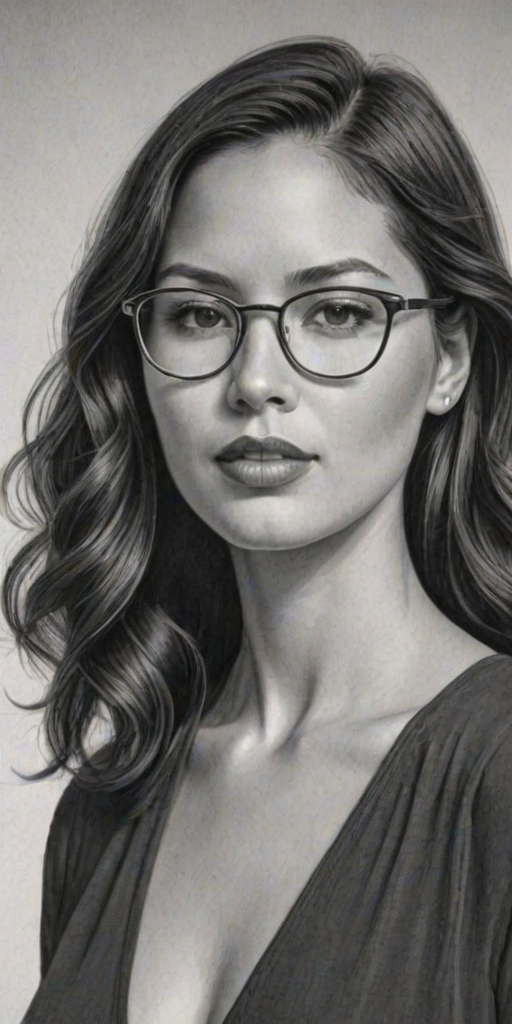 Resplendent Olivia Munn, pencil sketch, portrait of Appealing woman 1932s in glasses, hair style beatnik, outline, clear lines, fine lines, 8k