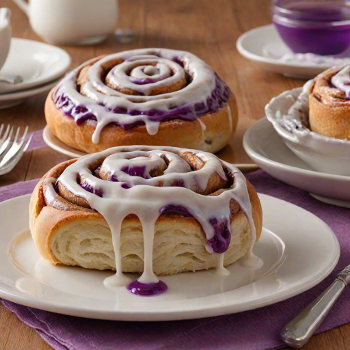 Create an image of a delicious cinnamon roll with a vibrant purple filling, topped with a generous drizzle of creamy white icing. The roll should be served on a simple white plate with a fork beside it, and in the background, there should be a baking dish filled with more cinnamon rolls. The setting should feel warm and inviting, highlighting the sweet and indulgent nature of the dessert.