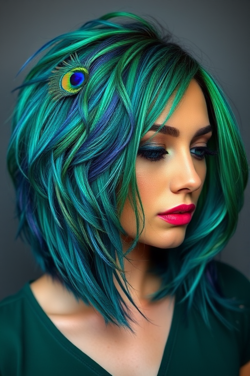 Vibrant peacock-inspired feathered bob featuring a blend of rich teals, emeralds, and sapphires with iridescent highlights throughout