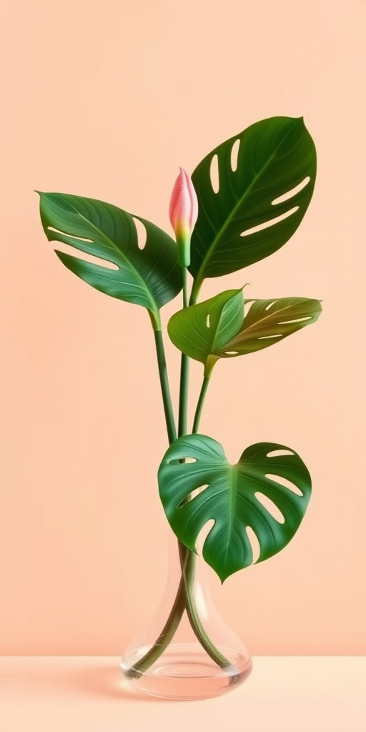 Create a high-resolution digital illustration of a stylized monstera plant in a simple vase against a soft peach background, using Canon EOS R5 with a 50mm f/1.2 lens, aperture set at f/4, ISO 100, and a 1/125 sec shutter speed for clarity and depth.