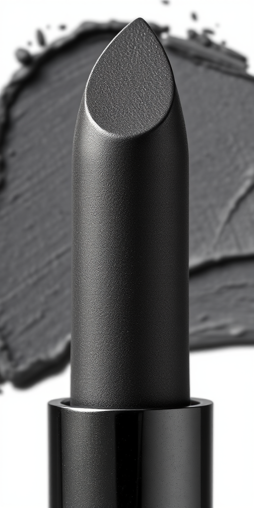 Charcoal gray lipstick with a suede-like finish, called "Smoky Quartz," boasting a unique texture that appears both matte and metallic