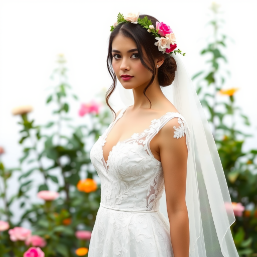 Garden scene, bridal model, delicate lace gown, floral headpiece, soft romantic focus, high-key lighting and an 85mm lens for soft, even tones that highlight the model’s face and bright outfit against a white or light background