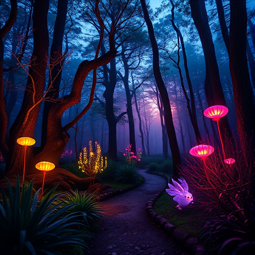 Create a vibrant, high-resolution digital artwork of a mystical forest at dusk, featuring glowing plants and ethereal creatures, shot with a Canon EOS R5 at f/2.8, 1/60s, ISO 400, with a wide-angle lens for a panoramic view and a soft bokeh effect.