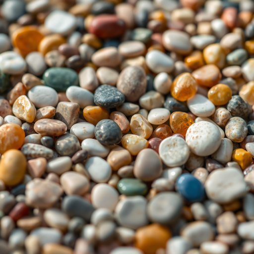 smooth, colorful pebbles in a variety of shapes and sizes scattered on a surface, shallow depth of field, soft natural lighting, macro lens, f/2.8 aperture, ISO 100, 35mm lens, taken from above, high resolution, enhance color saturation and contrast